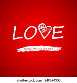 Vector illustration. Free hand sketch of a white contour of heart on a red background on Valentine's Day. Romantic illustration.
