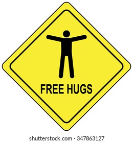 Vector Illustration Of Free Hugs Yellow Traffic Sign.