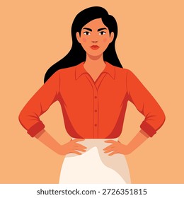Ilustración vectorial de una mujer de negocios libre, seria y segura de sí misma con una camisa roja, de pie con las manos en las caderas. Tarjetas para el Día de la Mujer, derechos de la mujer, igualdad de género, feminismo, empoderamiento