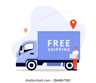 Vector Illustration, Free Shipping Concept, Showing a delivery man sending package to customer, Suitable for landing page, 
UI, web, App intro card, editorial, flyer,and banner