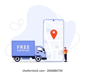 Vector Illustration, Free Shipping Concept, 
Showing a delivery man sending package to customer, Suitable for landing page, 
UI, web, App intro card, editorial, flyer, and banner