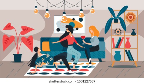  Ilustración vectorial. Tiempo Libre. Desarrollo y pasatiempo. Descansa del trabajo. Hobby moderno. Mujer con vino de vidrio en Sofa. Hora feliz. Las Mujeres Juegan Twister. Pase diversión. Encuentro Con Novias Alegres.