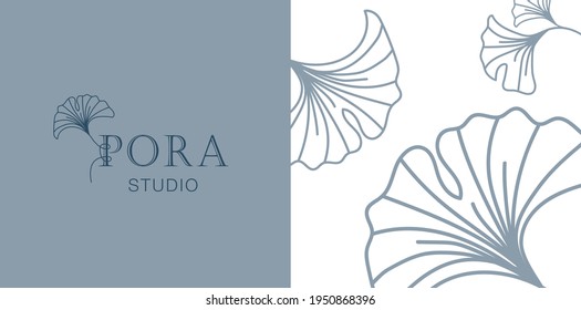 Vector illustration, freehand drawing, logo on a blue background with a flower Ginkgo biloba. A branch of a leaf a plant is a stylish emblem for business.