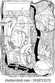 vector illustration freehand drawing shop,leek,tomato,pea,banana,grocery cart,nuts in a grid,pattern,coloring
