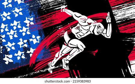 the vector illustration freehand drawn American runner at american flag background 