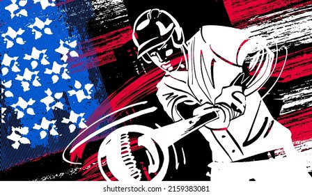 the vector illustration freehand drawn baseball player on american flag background 