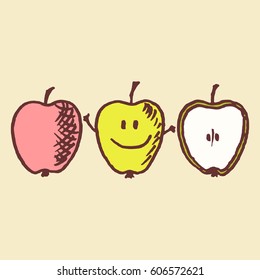 Vector illustration with freehand drawn cartoon apples on beige background