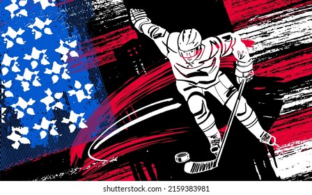 die Vektorgrafik freehand gezeichneter Eishockeyspieler auf amerikanischem Hintergrund 