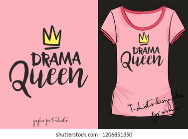 Vector illustration of freehand handwritten sketch doodle lettering Drama Queen with cartoon crown isolated on white background, trendy fashion print for t shirt, chevron, patch, element for design