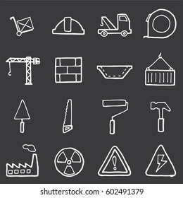 Vector illustration of freehand line icons for business, banking, contact, social media, technology, logistic, education, sport, medicine, travel, weather, construction, arrow.