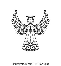 Vector illustration of freehand patterned angel silhouette. Christmas, New year coloring page book