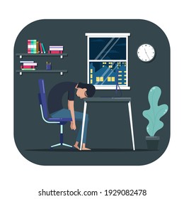 Vector Illustration of a freelance graphic designer man is exhausted from working late into the night