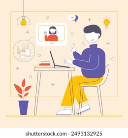 Vector Illustration of freelance man discussing online using laptop at coworking space cafe