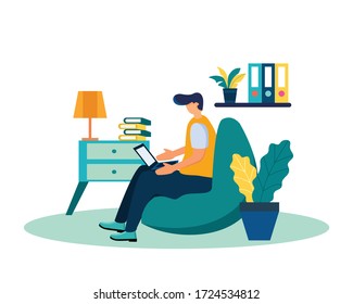 Vector illustration of freelance work. Businessman works on the computer at home.