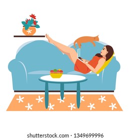 Vector illustration of freelance work. A girl is working on a computer and is lying on a sofa with a cat at home in a cozy room. Studying courses online in a cozy setting. 