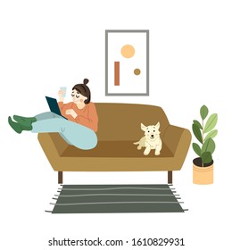 Vector illustration of freelance work. Girl works on the computer and lies on the sofa at home. 