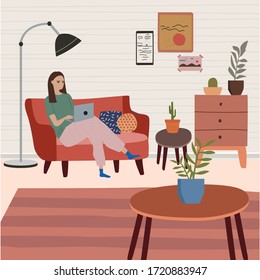Vector illustration of freelance work. Girl works on the laptop. Sitting on the sofa. Working at home. Stay at home - Shutterstock ID 1720883947