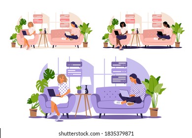 Vector illustration of freelance work. Girls work at the computer at home on the couch. Freelance or studying concept. Girls have a lot of work. Vector illustration of student studying at home. Flat.