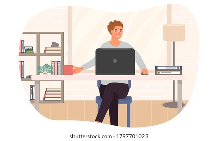 Ilustración vectorial del trabajo independiente en casa. Empresario trabajando en un ordenador portátil desde casa