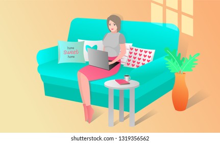 Vector illustration of freelance work. Woman works on the computer and sits on a couch.