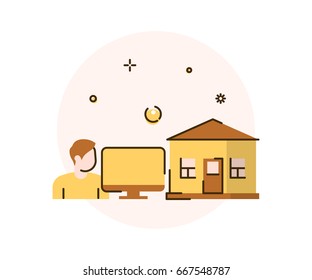 Vector illustration. Freelancer or businessman working in home