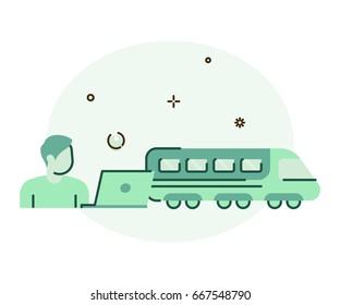 Vector illustration. Freelancer or businessman working on laptop in transit