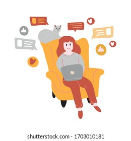 Vector illustration of a freelancer girl who works from home sitting in a yellow chair with a cat. Illustration about the use of social networks and work at home on a white background.