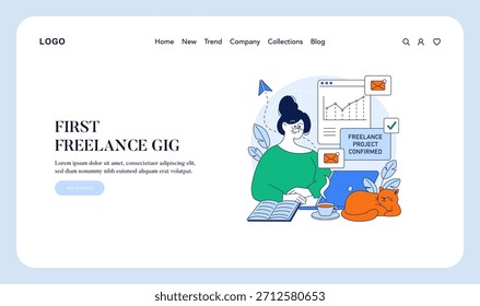 Ilustração vetorial de um freelancer que trabalha na confirmação de um projeto. Apresenta uma pessoa alegre em uma mesa, com um laptop, livro aberto e gráficos. O gato laranja acrescenta calor à cena.