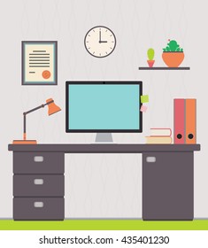 Vector illustration of a freelancer's home office.  Workspace interior for website design.