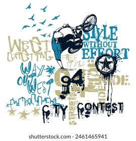 Vector illustration of freestyle bicycle rider. Art in composition with stripped lettering. Design for prints on t-shirts, posters, etc.