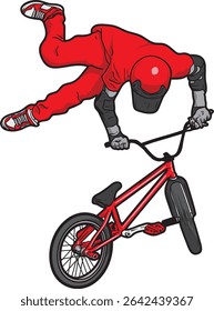 Vector illustration of a freestyle BMX, also depicted mid-jump, showing movement, action, and energy. Ideal for themes like adrenaline, urban youth culture, extreme sports, or outdoor competition.