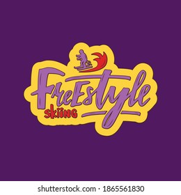Vector illustration of freestyle skiing lettering for banner, poster, greeting card, shop advertisement, souvenirs, stickers, clothes design. Handwritten text for web or print
