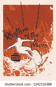 Vector Illustration Freestyle Surfing Waves Sunset Paint T-shirt Graphic Summer Vacation Fashion Design with Typography