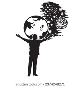 Vector illustration of Freethought with a man trying to embrace the universe.