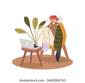 Vector Illustration Of Freezing Woman Sitting On Chair, Wrapped In Blanket, Shivering From Cold And Hugging Herself