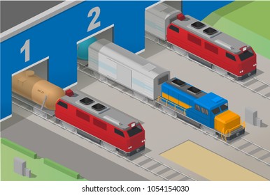 Vector illustration of freight train, station, depot, parking wagons, isometric.