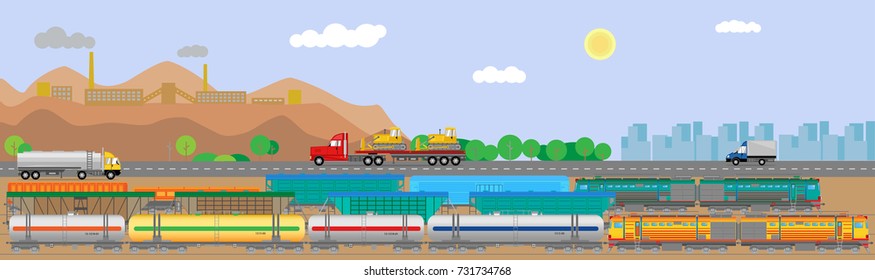 Vector illustration of freight trains. Trains drive in urban landscape. Flat style. Good for advertisement, banners, posters and cards.