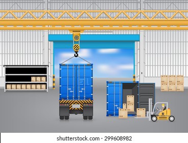 Vector illustration of freight transport, distribution industry inside warehouse, factory with box, truck, cargo container and equipment i.e. forklift, overhead crane for logistic, shipping, delivery.