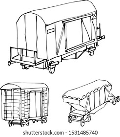 vector illustration of freight wagons in ink isolated on white background in hand drawing style
