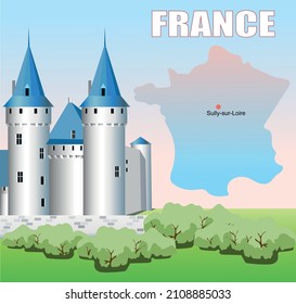 Vector illustration French architecture. Travel poster Castle Sully Sur Loire