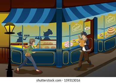 A vector illustration of French bakery store