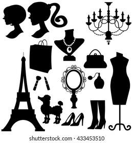 A vector illustration of french boudoir silhouette inspired design elements like chandelier, mirror, perfume bottles, eiffel tower, lip stick, poodle and heels.