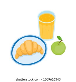 Vector illustration of french breakfast with croissant, apple and juice isolated on white. Color vector illustration of bakery goods for poster label and menu bakery.