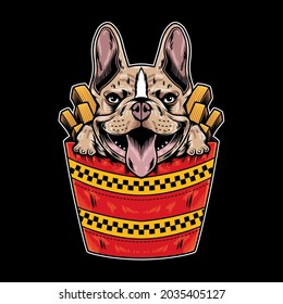 Ilustración vectorial de bulldog francés con divertido estilo de caricatura de comida rápida en fondo negro. Bien por el logo, fondo, camiseta