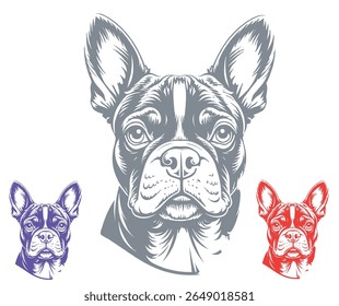 Uma ilustração vetorial de uma cabeça de Bulldog Francês em cinza, vermelho e roxo, mostrando o trabalho detalhado da linha.