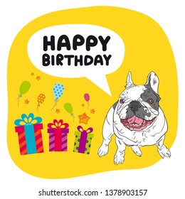 Vector illustration of french bulldog, stars, gifts and balloons. Elements for design. Happy Birthday lettering. Holiday. Cartoon style. Yellow background.