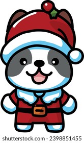 vector illustration of French bulldog wearing Santa hat and Christmas outfit, white collar, smiling and happy face suitable for sticker and icon