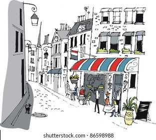 Vector illustration of French cafe with people eating and drinking