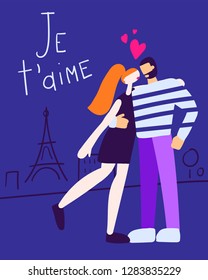 Vector Illustration of a French Couple Kissing in front of Eiffel Tower. A man is holding a woman by her waist. Trendy faceless flat style 