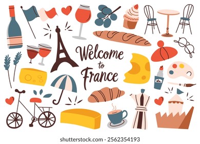 Vector illustration of French culture symbols with lettering. Eiffel Tower, baguette, cheese, wine, beret, and croissant in cartoon style. Travel to France set, Parisian theme collection